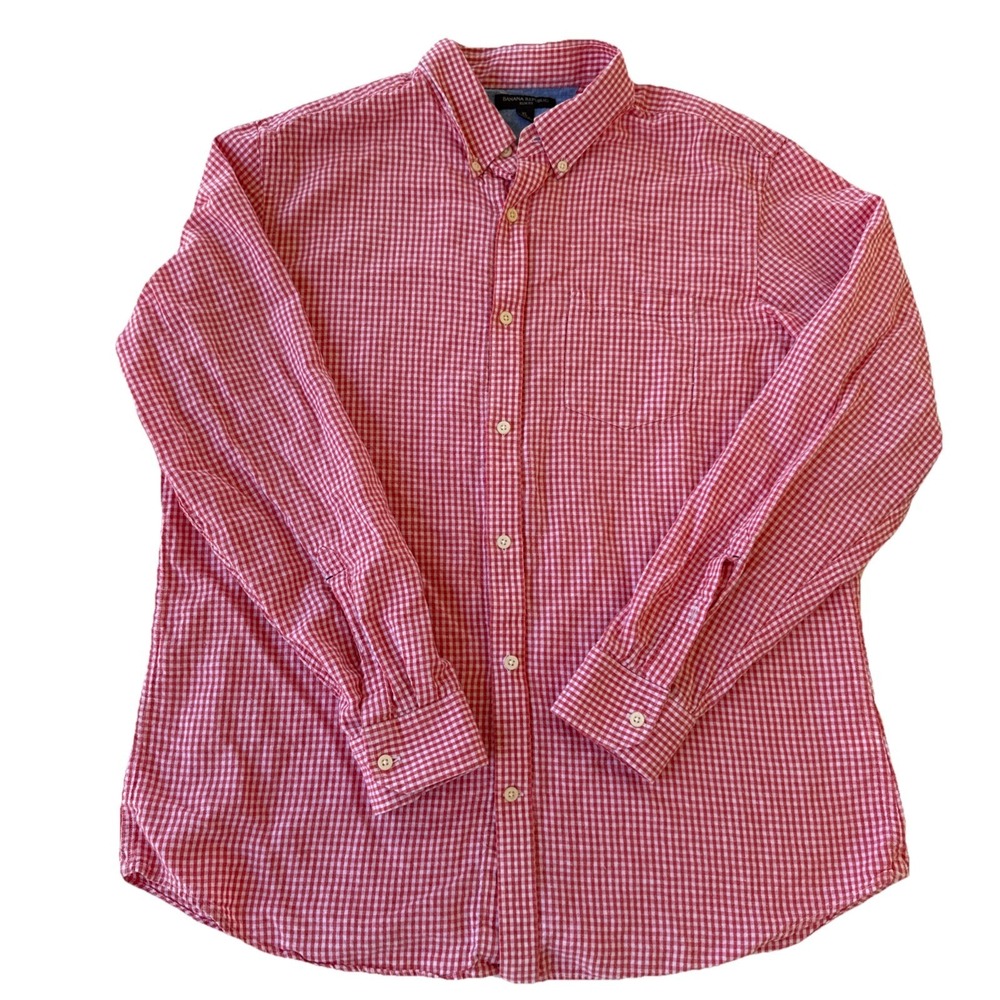 Banana Republic Slim Fit Button Down Shirt Mens XL Red‎ Pink Check Linen Blend